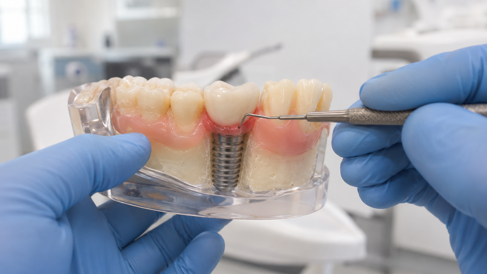 A dentist examines mild gum inflammation around a dental implant on a teaching model.